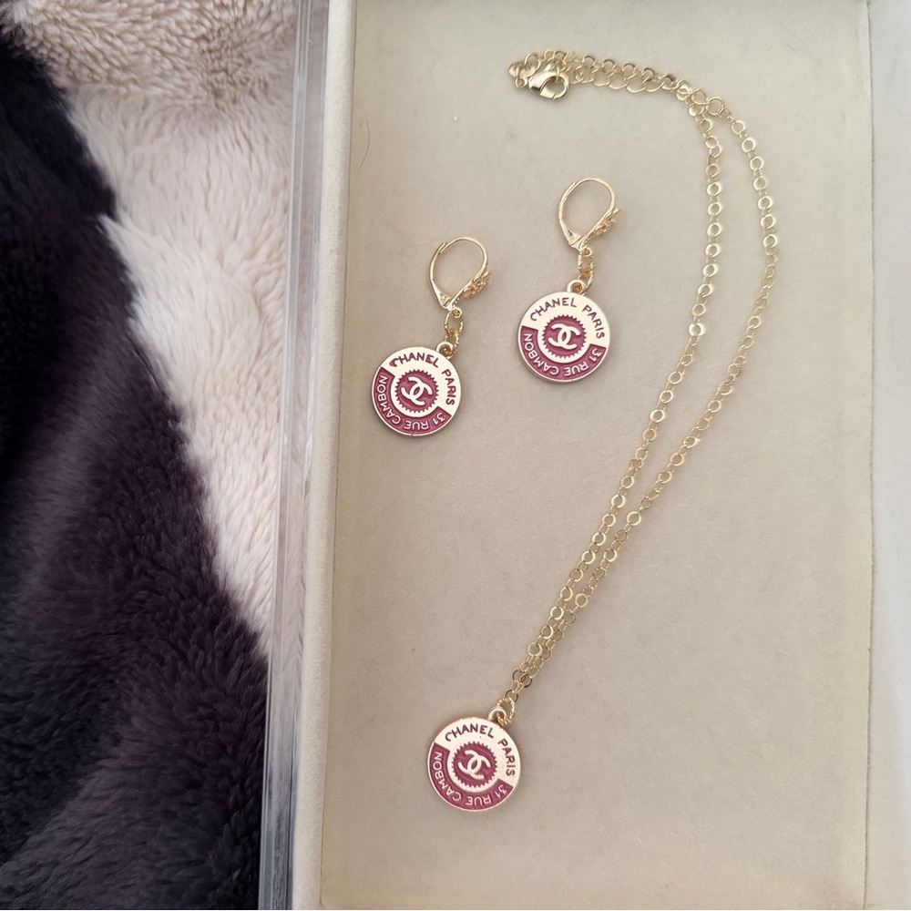 Gold and Pink CC Logo Necklace and Earring Set